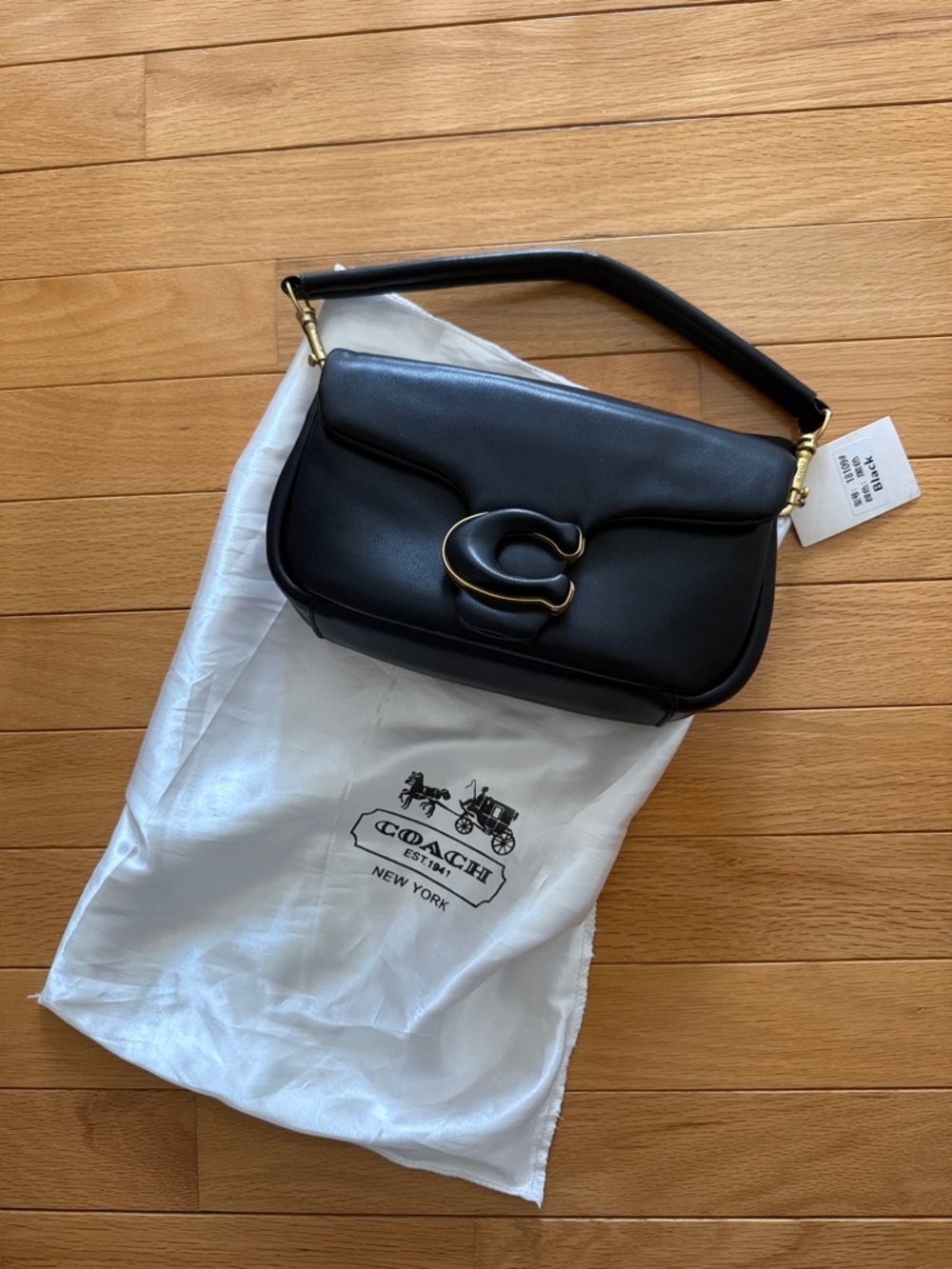 Faux Coach Black Leather Shoulder Bag with Gold 'C' Accent